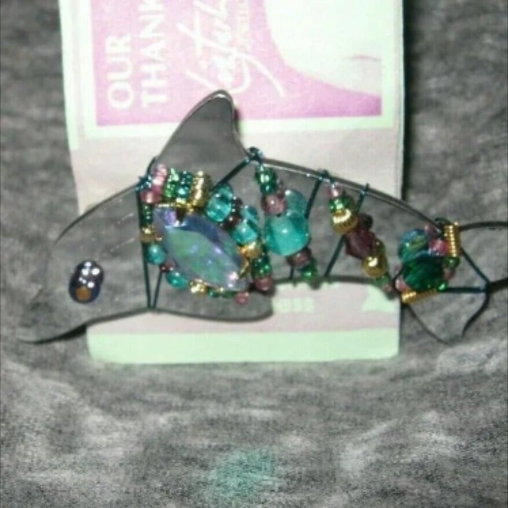 ❤️Rare LIZTECH Signed 1998 Dolphin Beaded Pin Brooch with Original Paperwo…